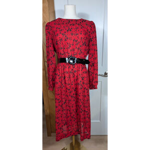 Vintage Lady Carol Of New York 80's Red Dress Black Floral Size 12 Retro Belted